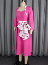 AOMEIDRESS Elegant A Line Dress Dot Bow Long Sleeve Sweetheart Neck