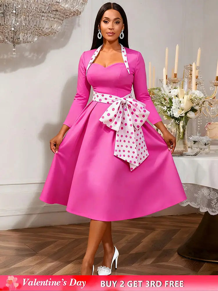 AOMEIDRESS Elegant A Line Dress Dot Bow Long Sleeve Sweetheart Neck Rose / S