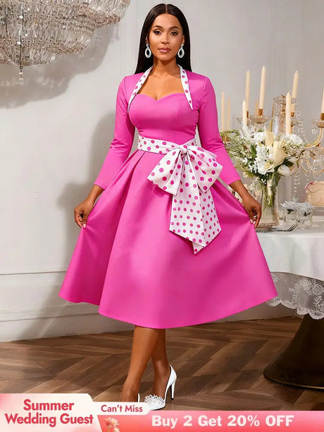 AOMEIDRESS Elegant A Line Dress Dot Bow Long Sleeve Sweetheart Neck Rose / S