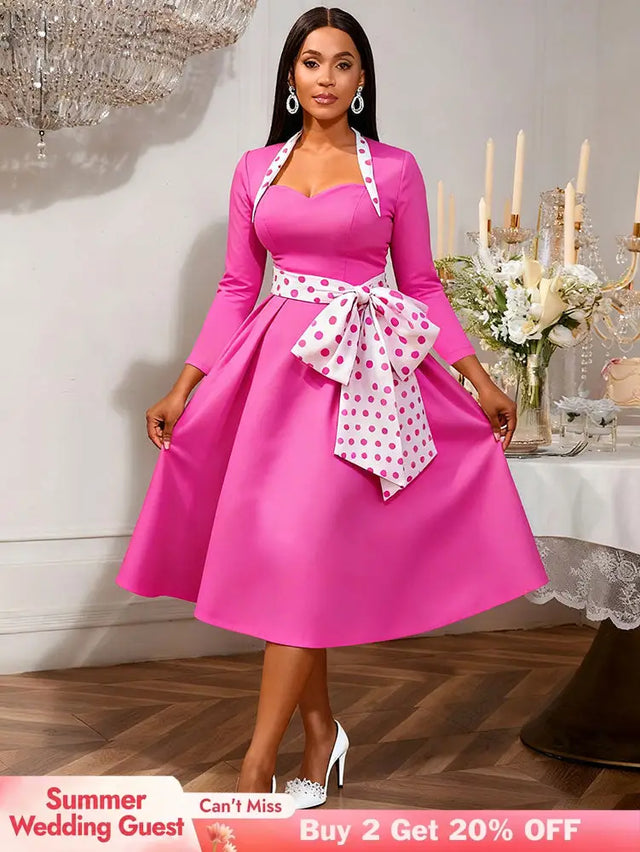 AOMEIDRESS Elegant A Line Dress Dot Bow Long Sleeve Sweetheart Neck Rose / S