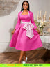 AOMEIDRESS Elegant A Line Dress Dot Bow Long Sleeve Sweetheart Neck Rose / S