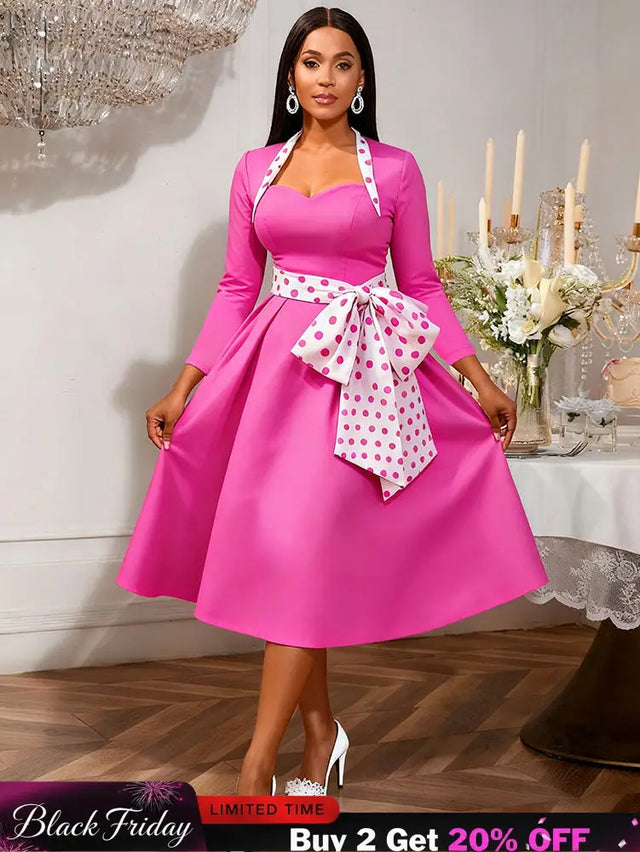 AOMEIDRESS Elegant A Line Dress Dot Bow Long Sleeve Sweetheart Neck Rose / S