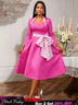 AOMEIDRESS Elegant A Line Dress Dot Bow Long Sleeve Sweetheart Neck Rose / S