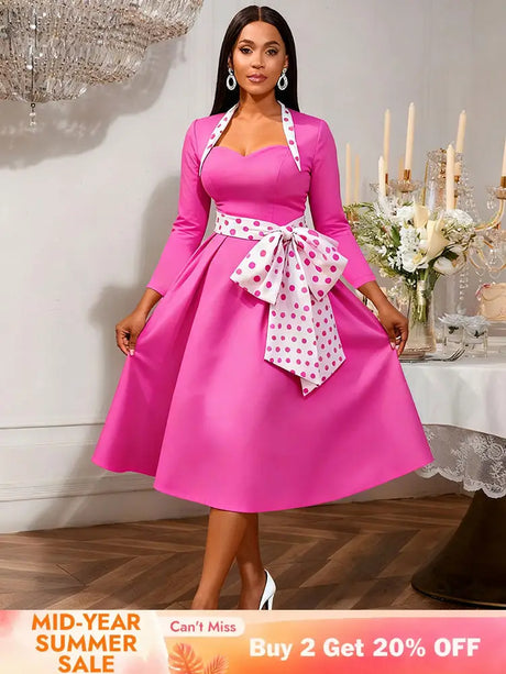 AOMEIDRESS Elegant A Line Dress Dot Bow Long Sleeve Sweetheart Neck Rose / S