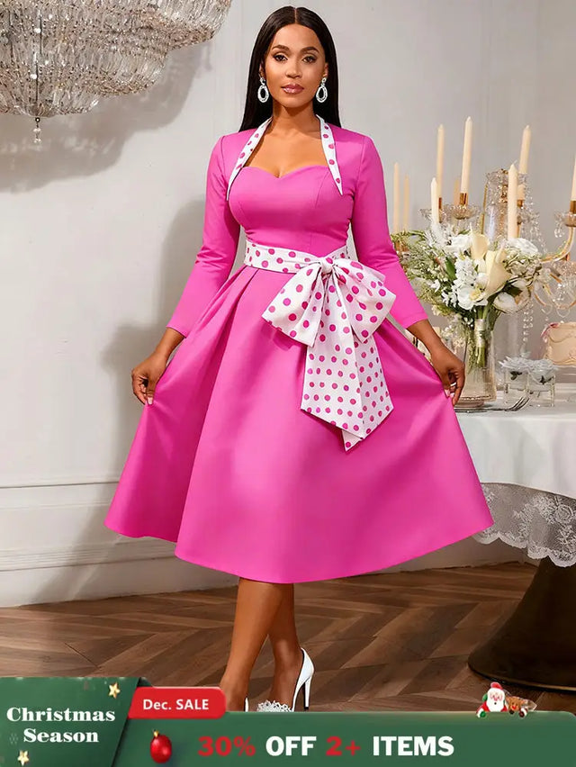 AOMEIDRESS Elegant A Line Dress Dot Bow Long Sleeve Sweetheart Neck Rose / S