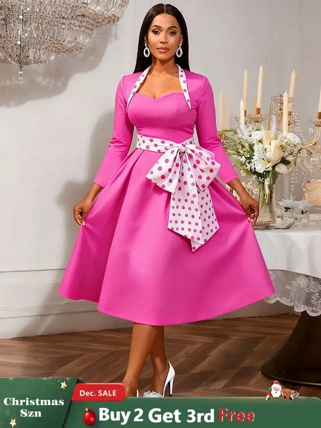 AOMEIDRESS Elegant A Line Dress Dot Bow Long Sleeve Sweetheart Neck Rose / S