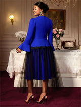 AOMEIDRESS Elegant A Line Dress Flare Sleeve Peplum Mesh Hem Gowns