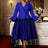 AOMEIDRESS Elegant A Line Dress Flare Sleeve Peplum Mesh Hem Gowns Blue / L