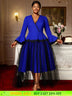 AOMEIDRESS Elegant A Line Dress Flare Sleeve Peplum Mesh Hem Gowns Blue / L