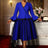 AOMEIDRESS Elegant A Line Dress Flare Sleeve Peplum Mesh Hem Gowns Blue / L