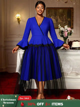 AOMEIDRESS Elegant A Line Dress Flare Sleeve Peplum Mesh Hem Gowns Blue / L