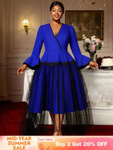 AOMEIDRESS Elegant A Line Dress Flare Sleeve Peplum Mesh Hem Gowns Blue / L