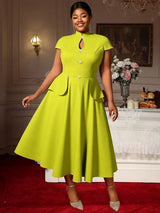 AOMEIDRESS Elegant A Line Dress Keyhole Neck Peplum Church Tea Party