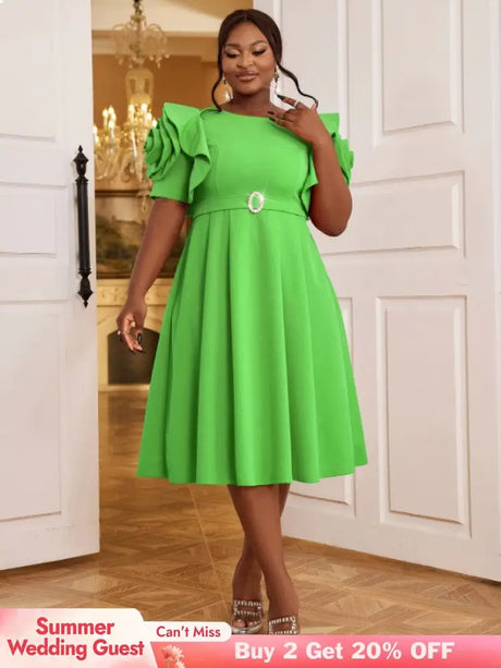 AOMEIDRESS Elegant A Line Dress O Neck 3D Flower Sleeve High Waist Green / S