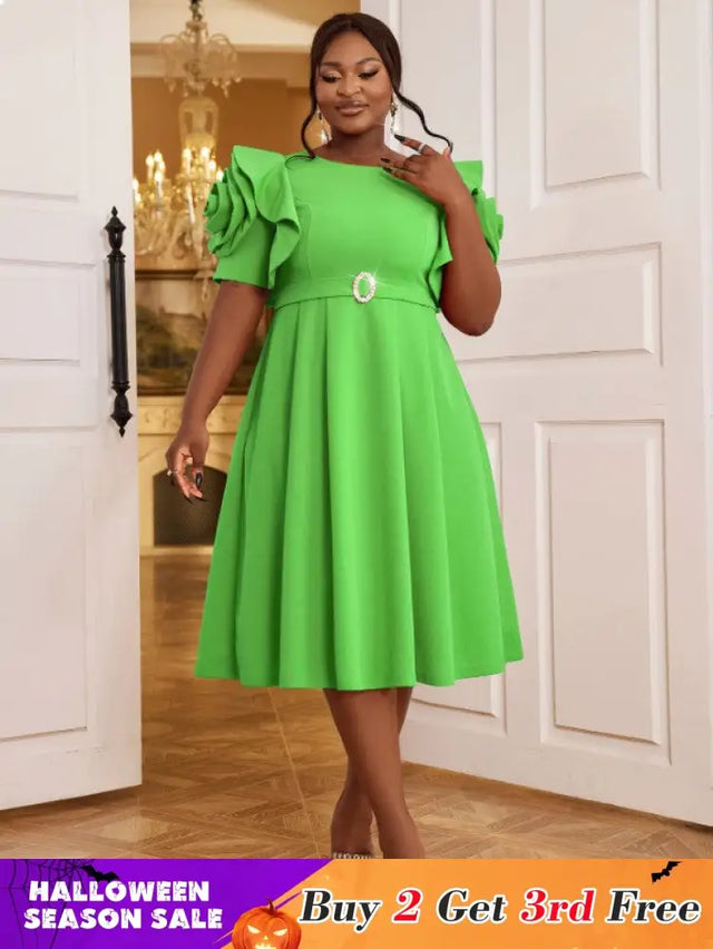 AOMEIDRESS Elegant A Line Dress O Neck 3D Flower Sleeve High Waist Green / S