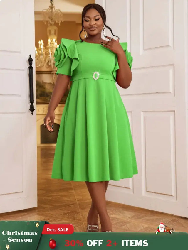 AOMEIDRESS Elegant A Line Dress O Neck 3D Flower Sleeve High Waist Green / S