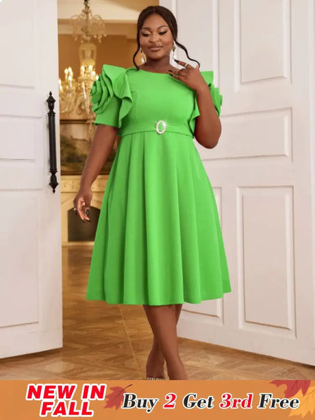 AOMEIDRESS Elegant A Line Dress O Neck 3D Flower Sleeve High Waist Green / S