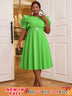 AOMEIDRESS Elegant A Line Dress O Neck 3D Flower Sleeve High Waist Green / S