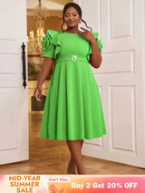 AOMEIDRESS Elegant A Line Dress O Neck 3D Flower Sleeve High Waist Green / S