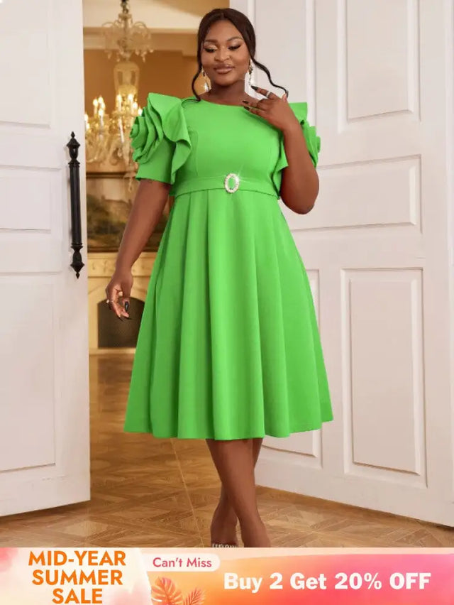 AOMEIDRESS Elegant A Line Dress O Neck 3D Flower Sleeve High Waist Green / S