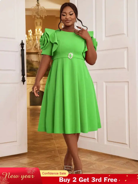 AOMEIDRESS Elegant A Line Dress O Neck 3D Flower Sleeve High Waist Green / S