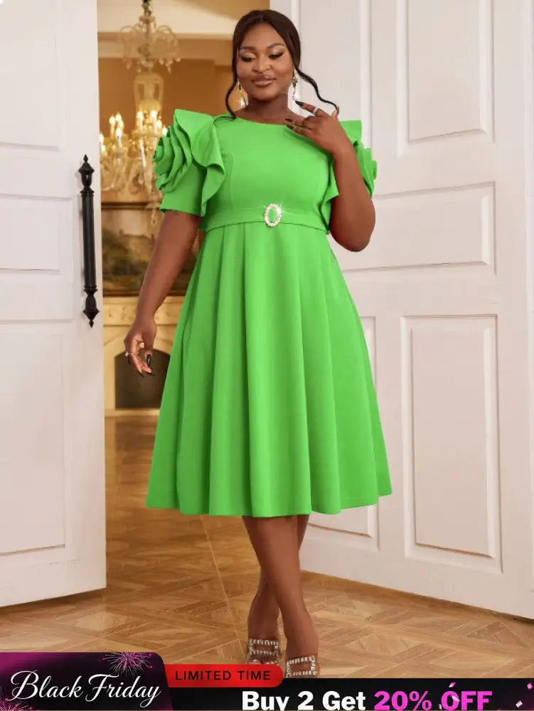 AOMEIDRESS Elegant A Line Dress O Neck 3D Flower Sleeve High Waist Green / S