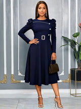 AOMEIDRESS Elegant A Line Dress O Neck Long Sleeve Ruffled Belt Gowns