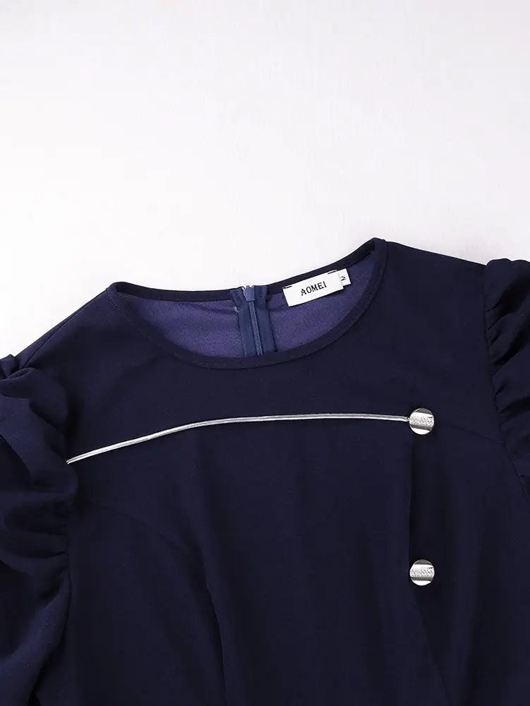 AOMEIDRESS Elegant A Line Dress O Neck Long Sleeve Ruffled Belt Gowns