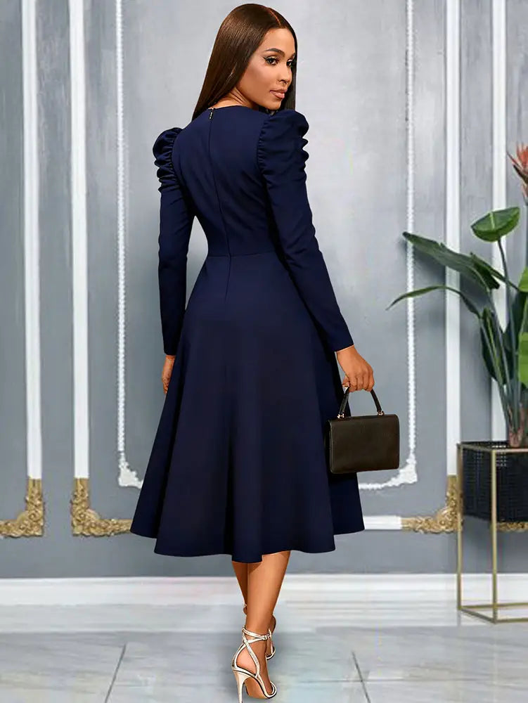 AOMEIDRESS Elegant A Line Dress O Neck Long Sleeve Ruffled Belt Gowns