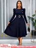 AOMEIDRESS Elegant A Line Dress O Neck Long Sleeve Ruffled Belt Gowns Navy / S