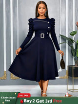 AOMEIDRESS Elegant A Line Dress O Neck Long Sleeve Ruffled Belt Gowns Navy / S