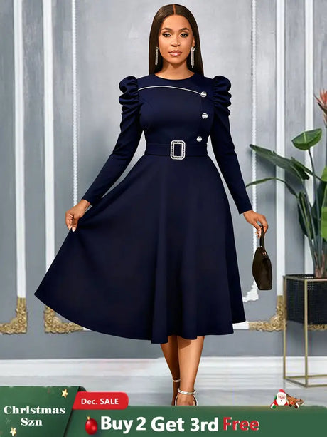 AOMEIDRESS Elegant A Line Dress O Neck Long Sleeve Ruffled Belt Gowns Navy / S