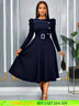 AOMEIDRESS Elegant A Line Dress O Neck Long Sleeve Ruffled Belt Gowns Navy / S