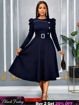 AOMEIDRESS Elegant A Line Dress O Neck Long Sleeve Ruffled Belt Gowns Navy / S