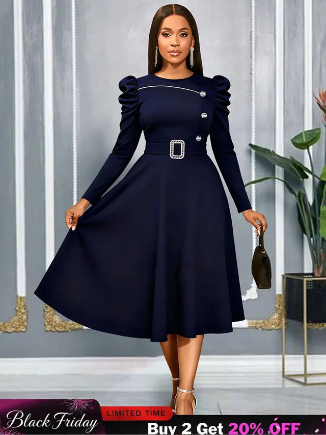 AOMEIDRESS Elegant A Line Dress O Neck Long Sleeve Ruffled Belt Gowns Navy / S