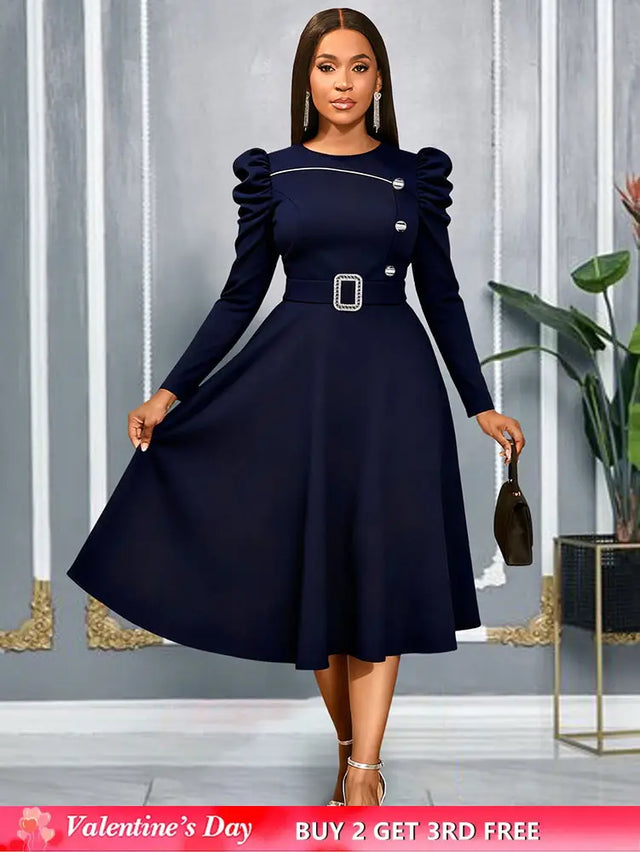AOMEIDRESS Elegant A Line Dress O Neck Long Sleeve Ruffled Belt Gowns Navy / S