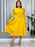 AOMEIDRESS Elegant A Line Dress O Neck Long Sleeve Ruffled Belt Gowns Yellow / S
