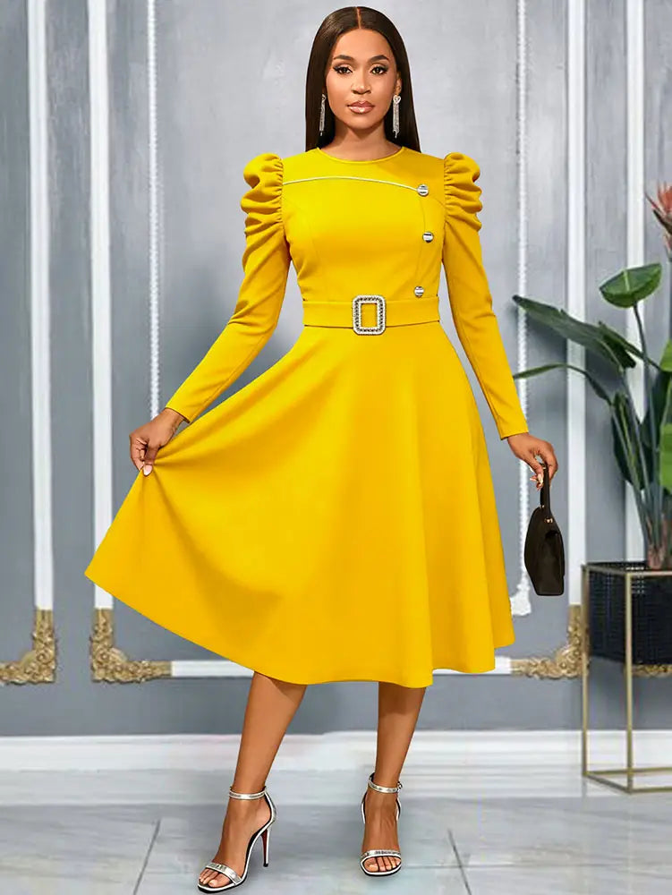 AOMEIDRESS Elegant A Line Dress O Neck Long Sleeve Ruffled Belt Gowns Yellow / S