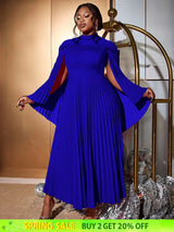 AOMEIDRESS Elegant A Line Dress Pleated Half High Collar Shawl sleeves Blue / 0XL