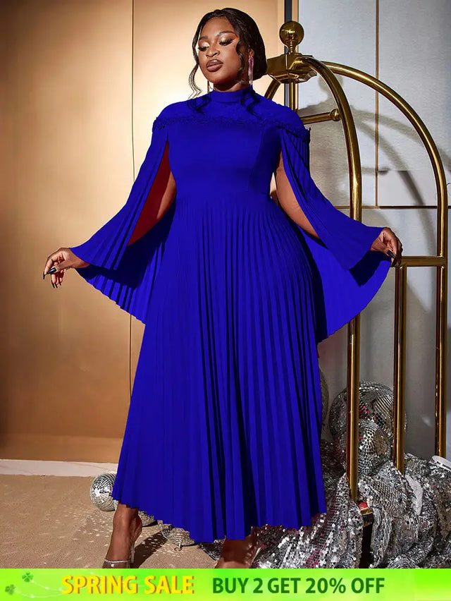 AOMEIDRESS Elegant A Line Dress Pleated Half High Collar Shawl sleeves Blue / 0XL
