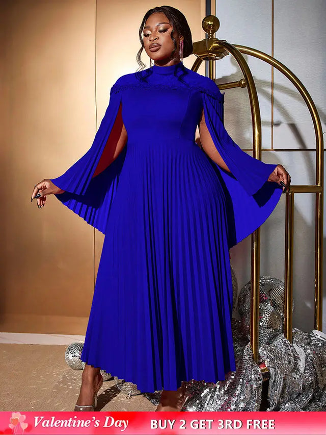 AOMEIDRESS Elegant A Line Dress Pleated Half High Collar Shawl sleeves Blue / 0XL