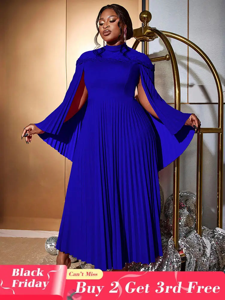 AOMEIDRESS Elegant A Line Dress Pleated Half High Collar Shawl sleeves Blue / 0XL