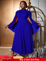 AOMEIDRESS Elegant A Line Dress Pleated Half High Collar Shawl sleeves Blue / 0XL