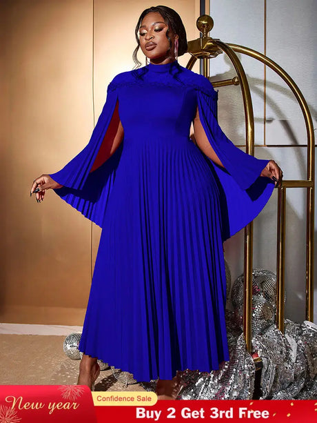 AOMEIDRESS Elegant A Line Dress Pleated Half High Collar Shawl sleeves Blue / 0XL