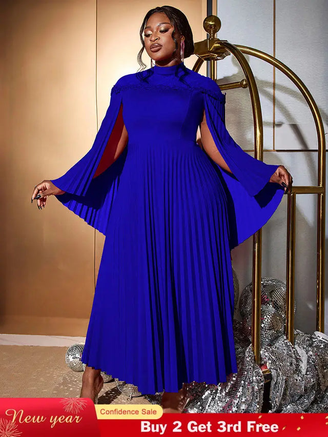 AOMEIDRESS Elegant A Line Dress Pleated Half High Collar Shawl sleeves Blue / 0XL