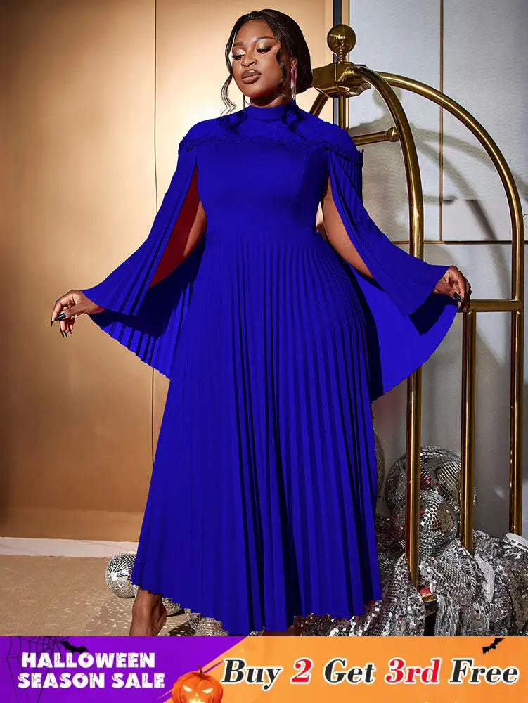 AOMEIDRESS Elegant A Line Dress Pleated Half High Collar Shawl sleeves Blue / 0XL