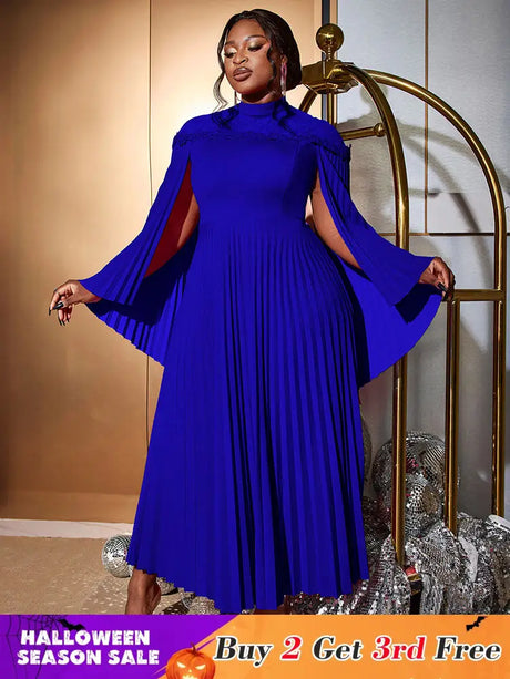 AOMEIDRESS Elegant A Line Dress Pleated Half High Collar Shawl sleeves Blue / 0XL