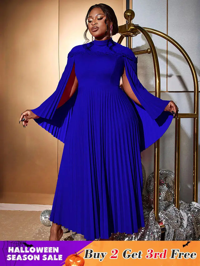 AOMEIDRESS Elegant A Line Dress Pleated Half High Collar Shawl sleeves Blue / 0XL