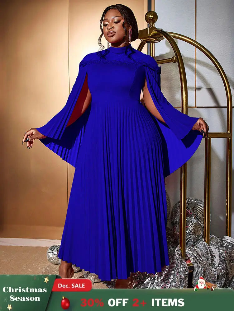 AOMEIDRESS Elegant A Line Dress Pleated Half High Collar Shawl sleeves Blue / 0XL