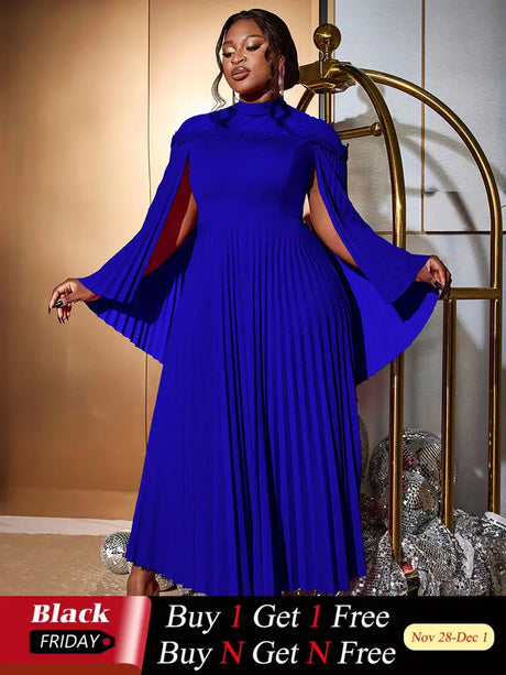 AOMEIDRESS Elegant A Line Dress Pleated Half High Collar Shawl sleeves Blue / 0XL